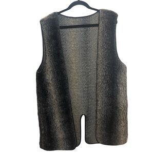 Vintage Black Gray Brown Faux Fur Vest One Size Plus Size Tall Chunky Open Vest